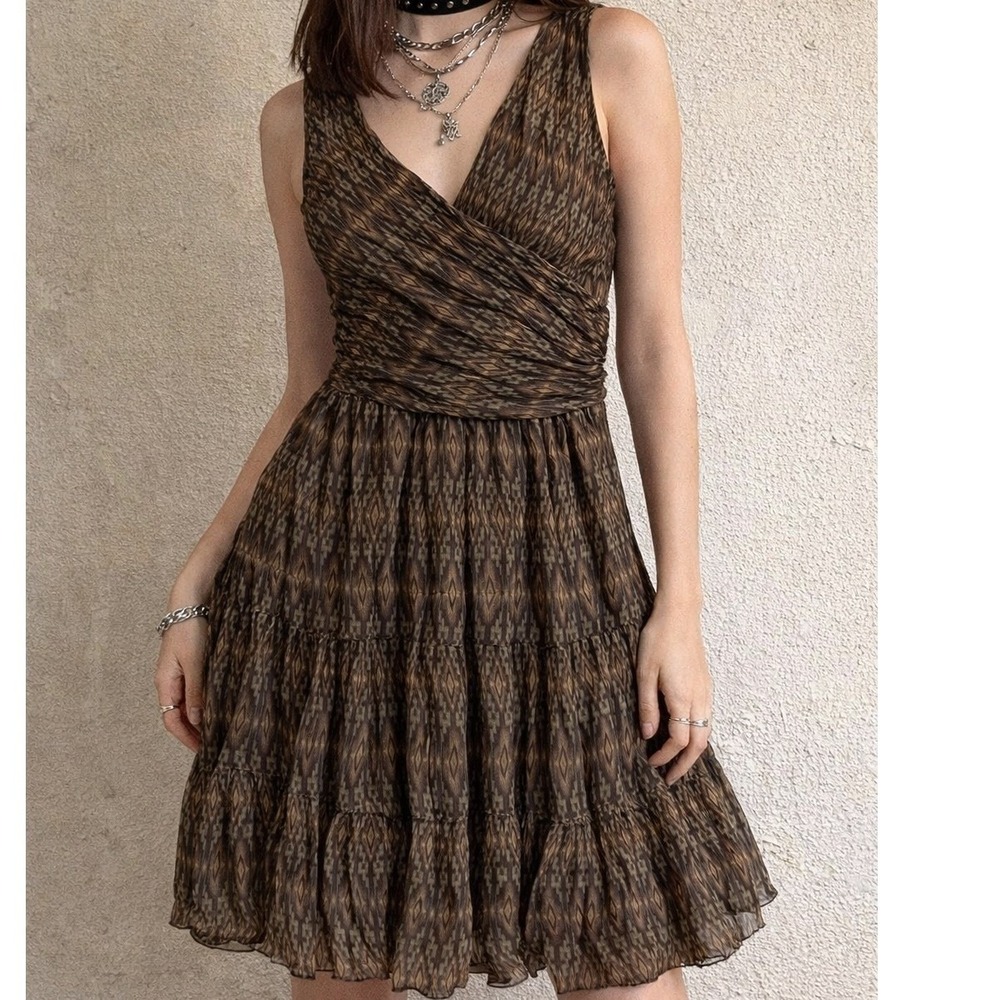 Vintage Y2K Lauren Ralph Lauren Silk Printed Tiered Ruffle Dress Brown Indie- 14